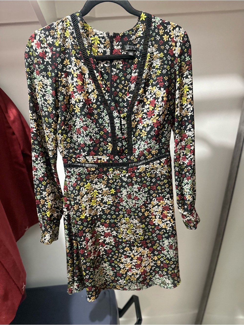 Topshop Black Floral V-Neck Long Sleeve Mini Dress with Multicolor Blooms